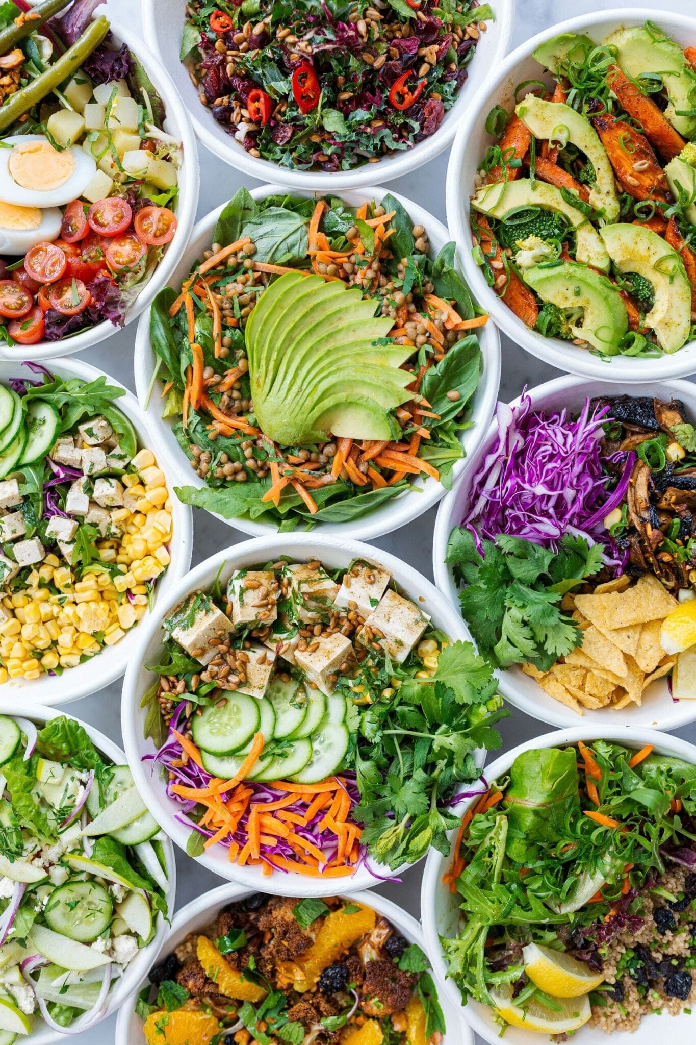 Colorful salad bowls overhead