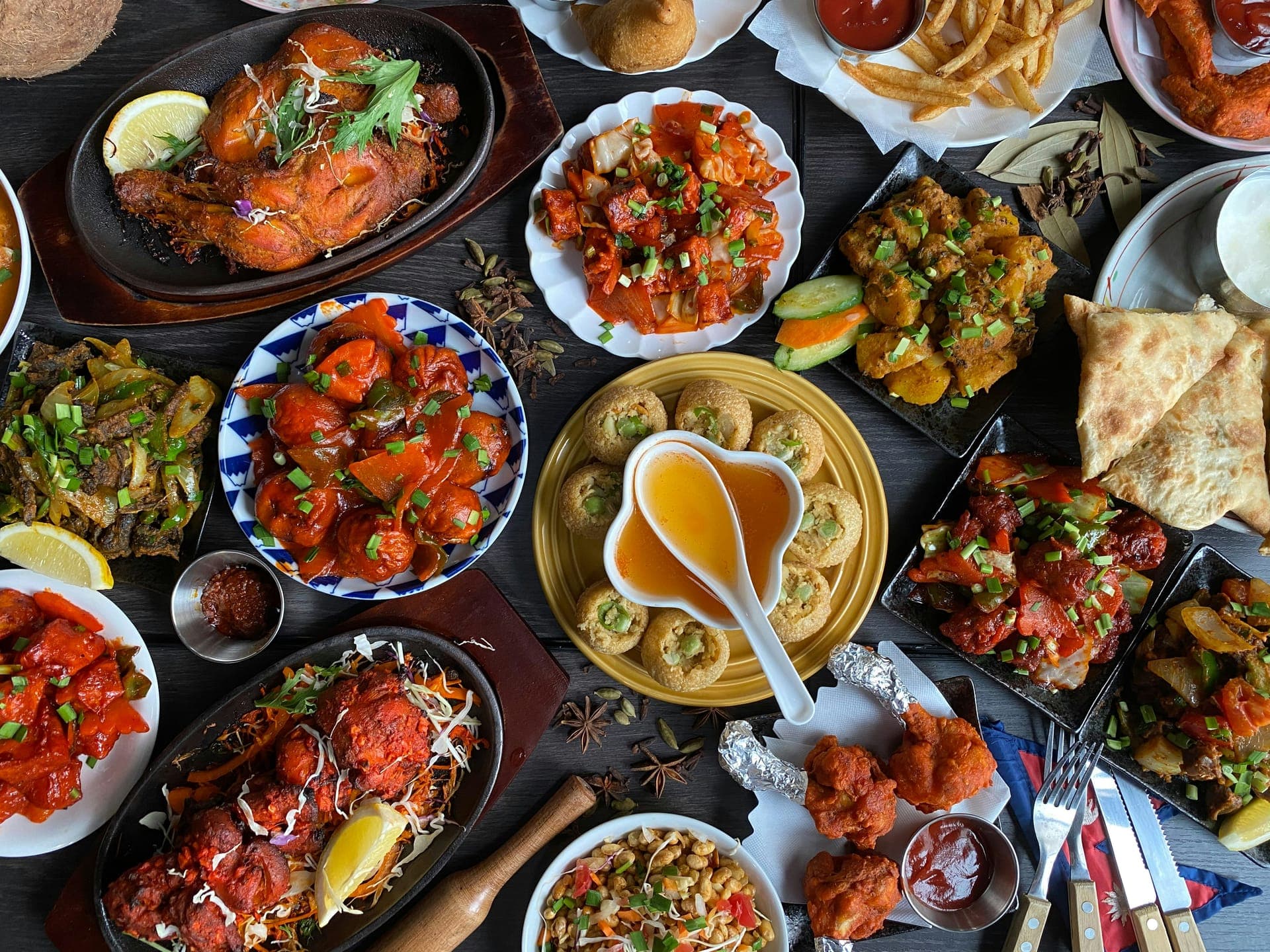 Colorful spread of dishes overhead